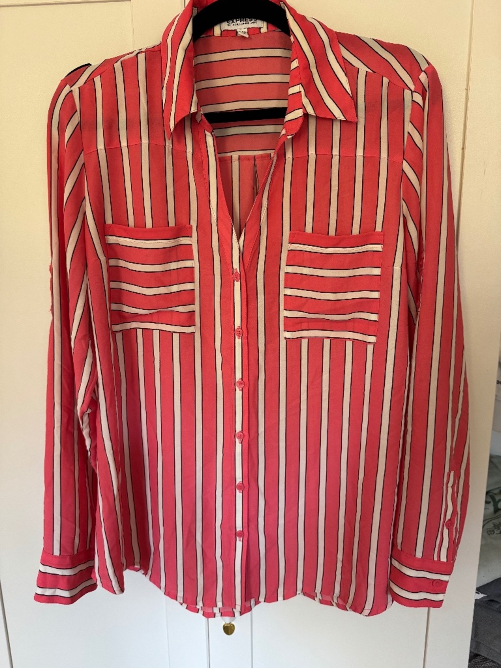 Express Portofino Shirt XL Coral Pink Striped Button Down Blouse